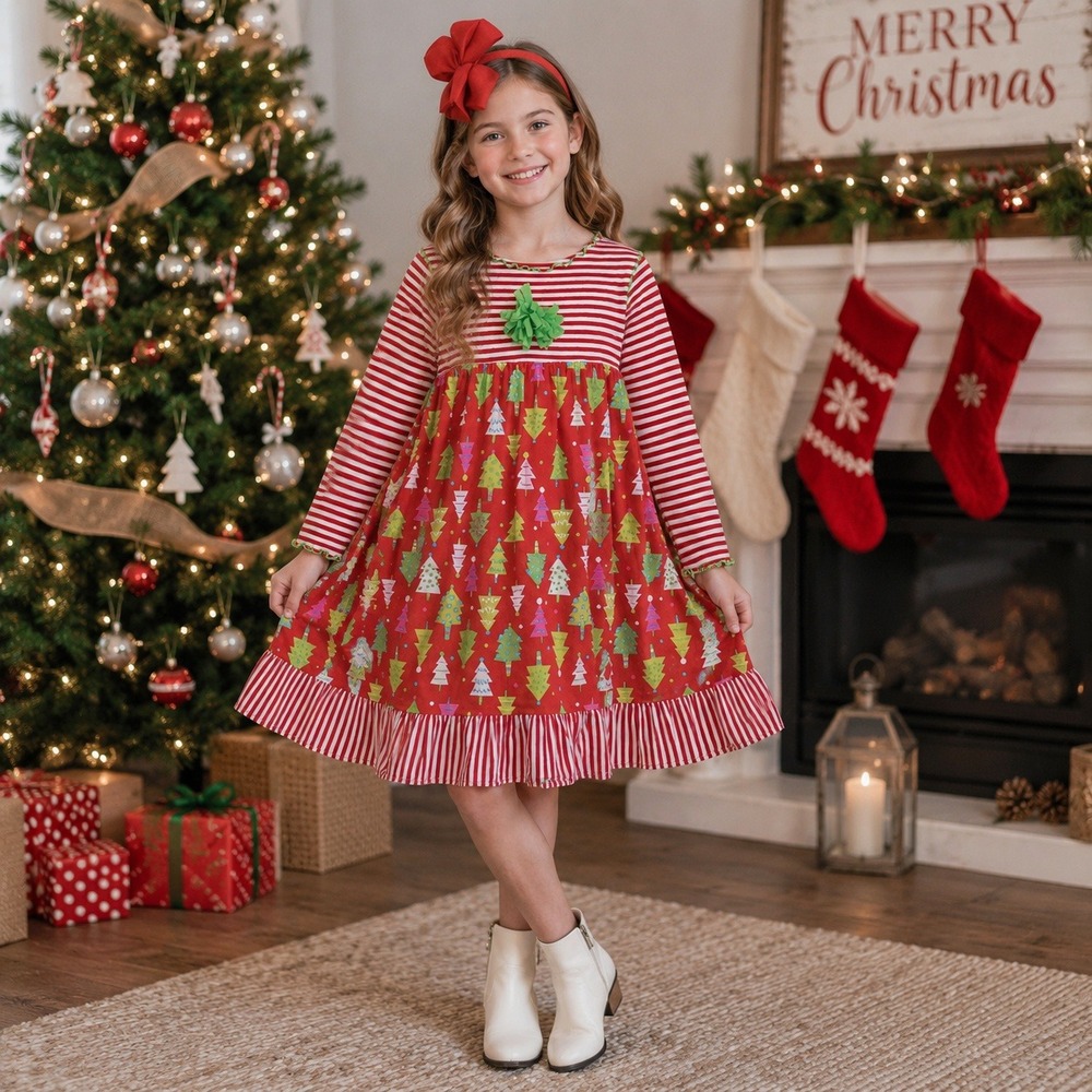 Silly Milly Girls Red Stripe Christmas Tree Ruffle Dress Size 12 Made USA w/bow